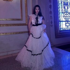 Elegant White Polka Dot Ruffle Ball Gown with Black Trim